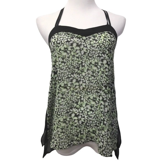 BCBGeneration Top Juniors XXS Black Green Floral Sheer Cross Back - Picture 1 of 8